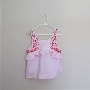 Zara Pink Striped Embroidered Ruffle Tank Top